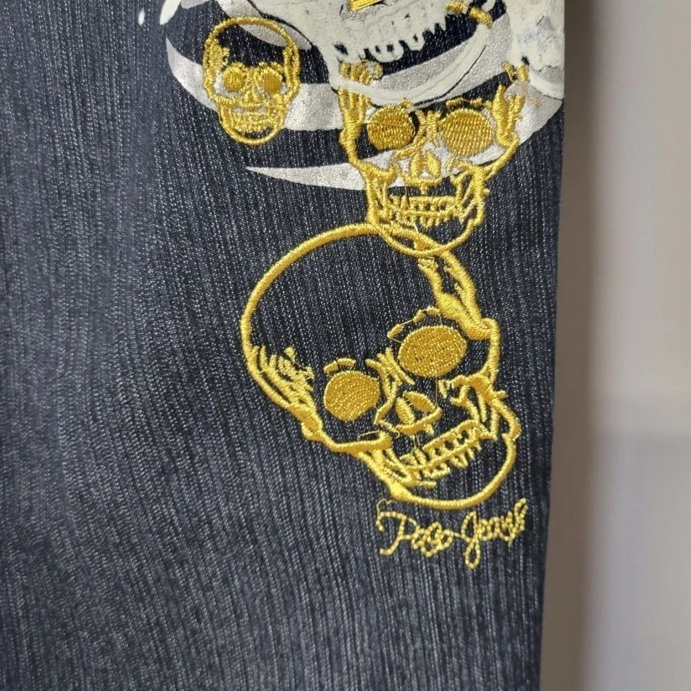 Vintage Y2K Paco Jeans Size 17 Dark Wash Gold Skull‎ Graphic Streetwear Unique